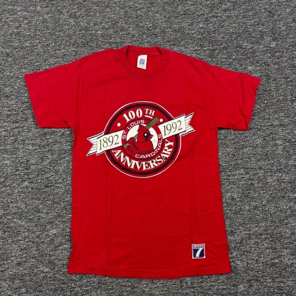 Vintage 90s Logo 7 St. Louis Cardinals 100th Anniversary Red T-Shirt Mens Medium